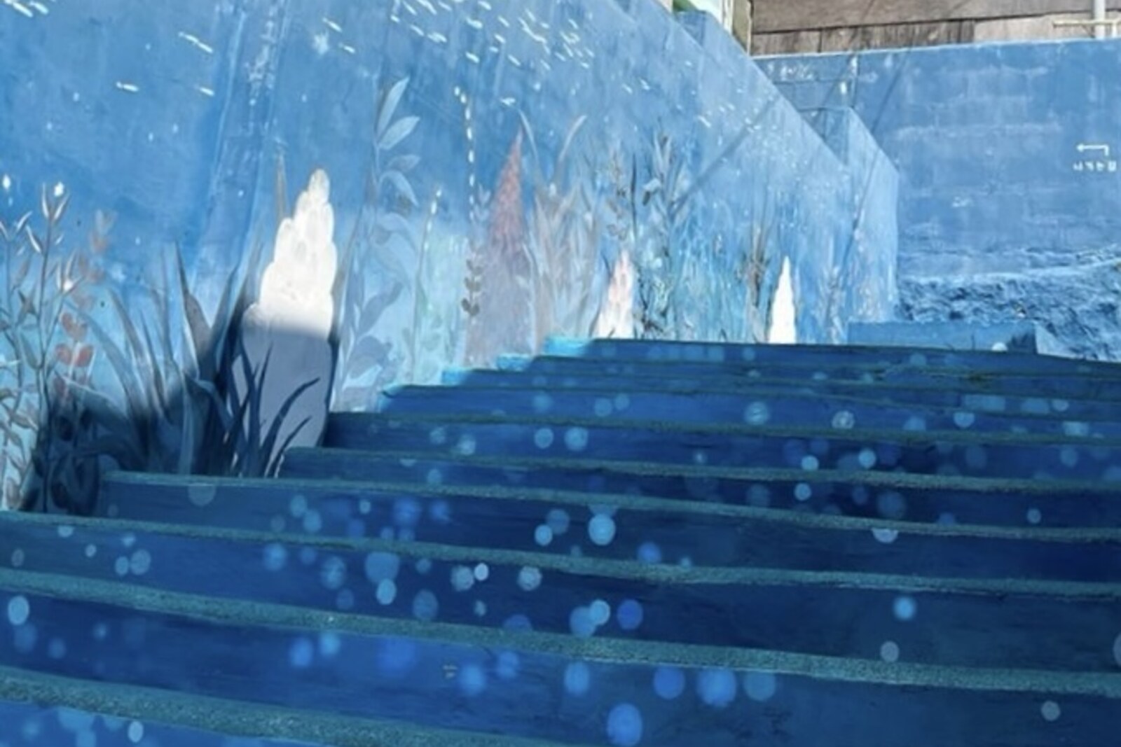 Blue stairs with drawings of seaweed and bubbles between the houses of Huinnyeoul.