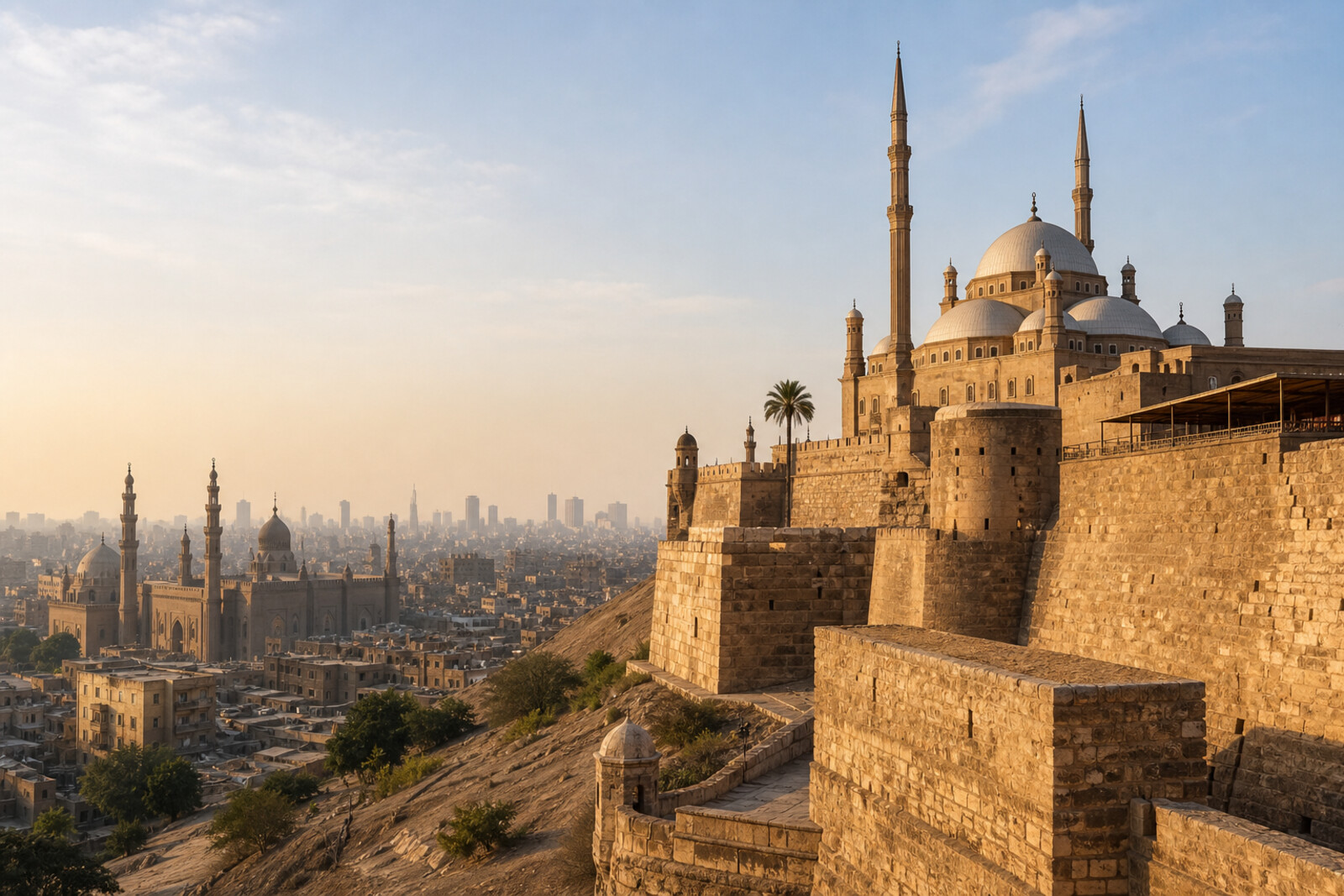 Generated editorial cover for a route about power between Cairo Citadel and Mosque-Madrasa of Sultan Hassan