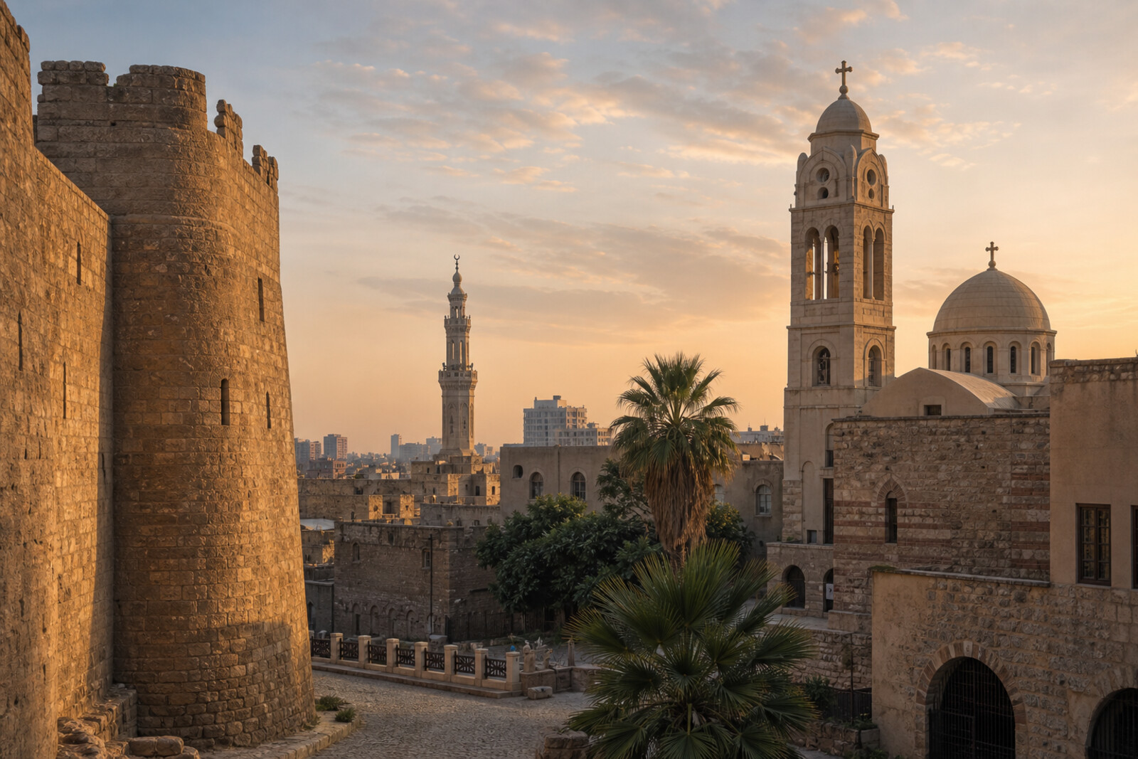 Artistic image of the towers of Babylon Fortress, the bell tower of the Hanging Church, and the minaret of Amr ibn al-As Mosque at sunset