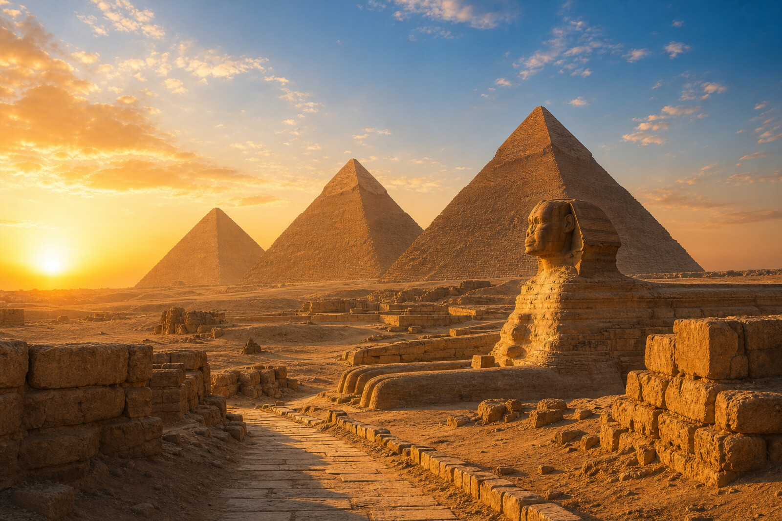 Stylized illustration: three pyramids and the silhouette of the Great Sphinx of Giza at dawn above sandy dunes.
