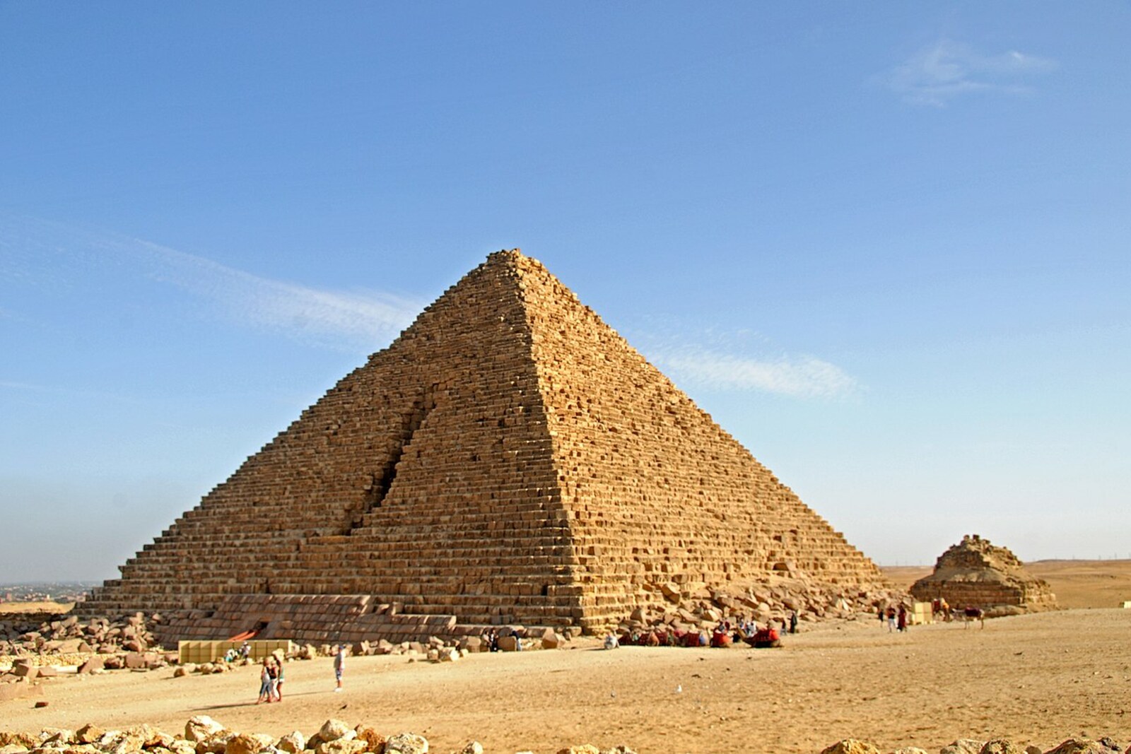 The Pyramid of Menkaure with a band of granite at its base.