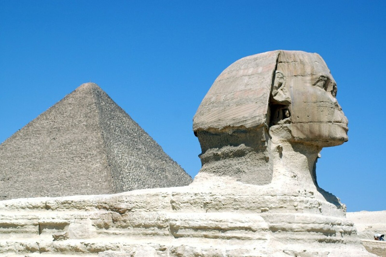 Profile of the Great Sphinx of Giza in the Giza desert.