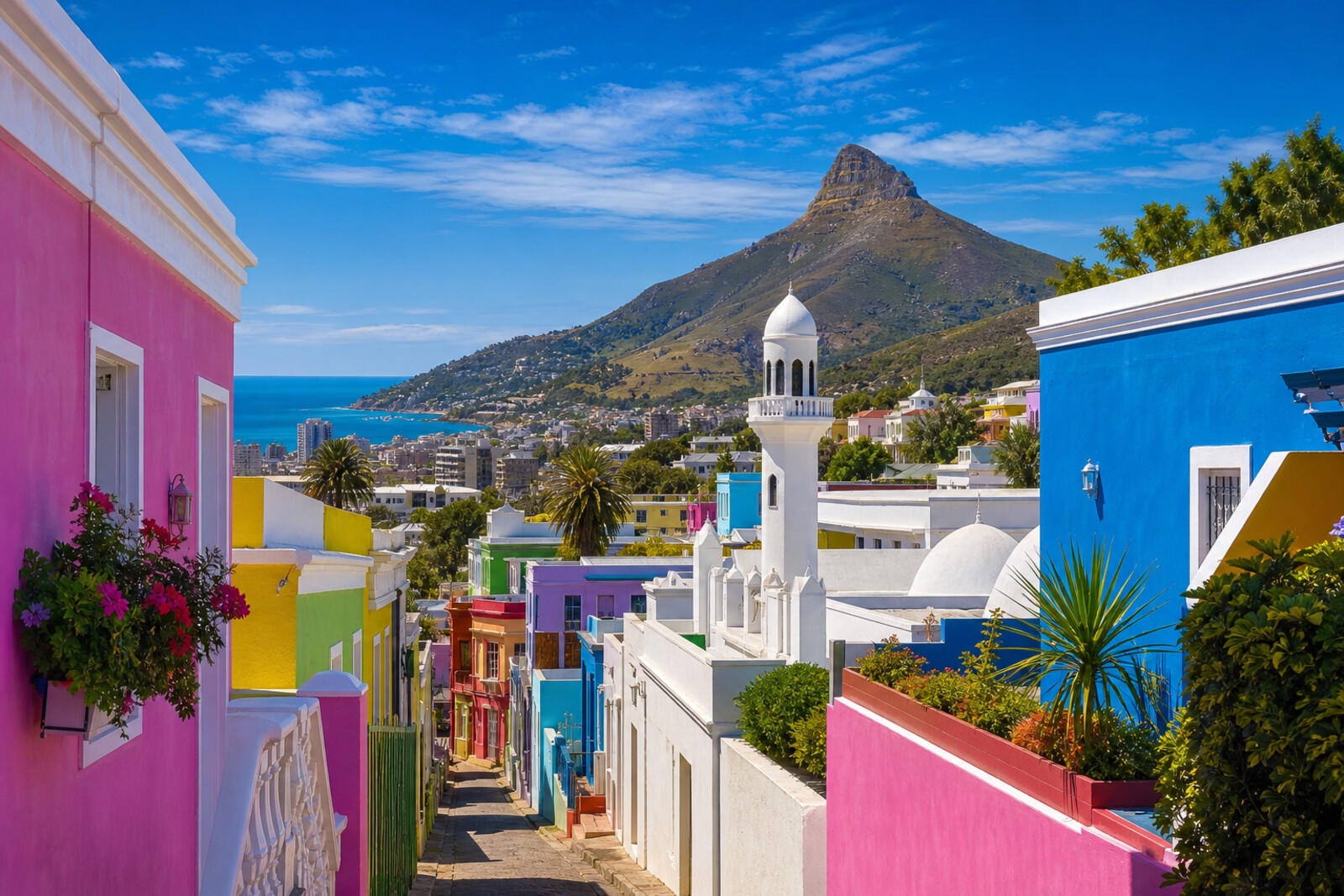 AI-generated cover: bright Bo-Kaap houses on the slope of Signal Hill and a white minaret in a residential neighborhood.