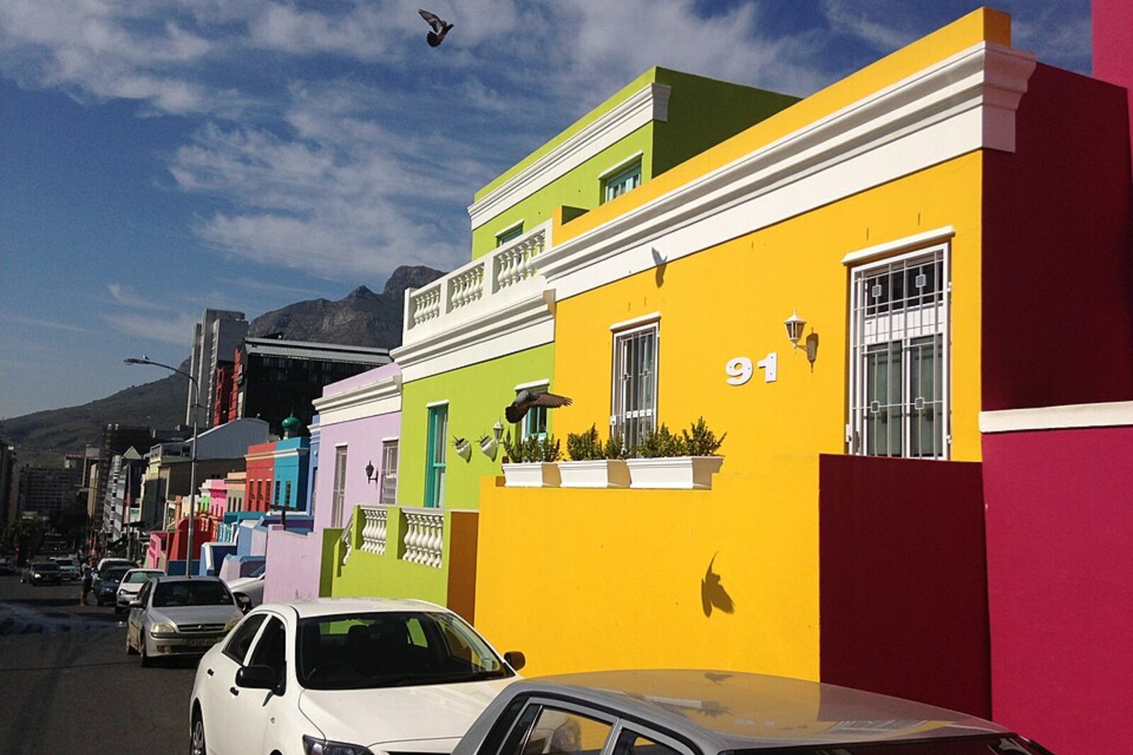 A row of brightly colored houses on Wale Street in Bo-Kaap.