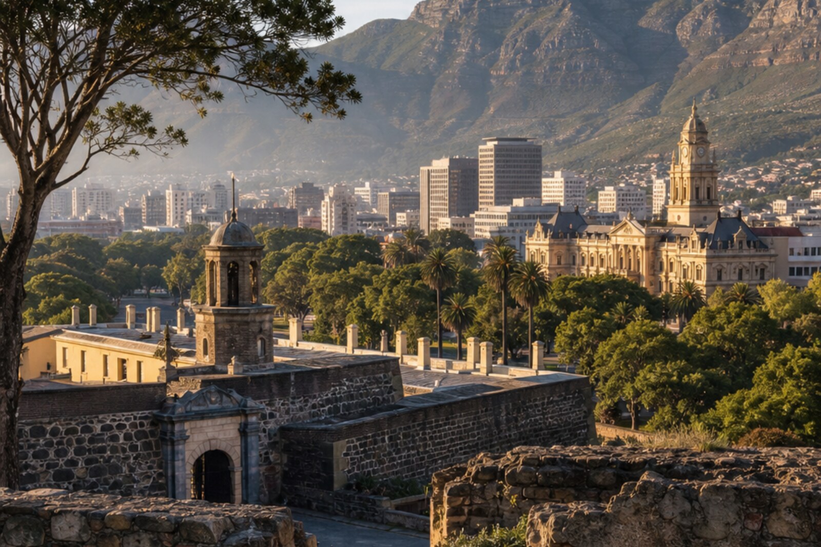 Generated cover: the trace of District Six, stone from the Castle of Good Hope, and the green axis of Company's Garden.