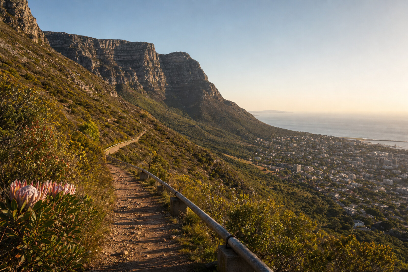 Generated cover image: Pipe Track beneath Table Mountain, fynbos, old pipes, and the Atlantic Ocean above Camps Bay.