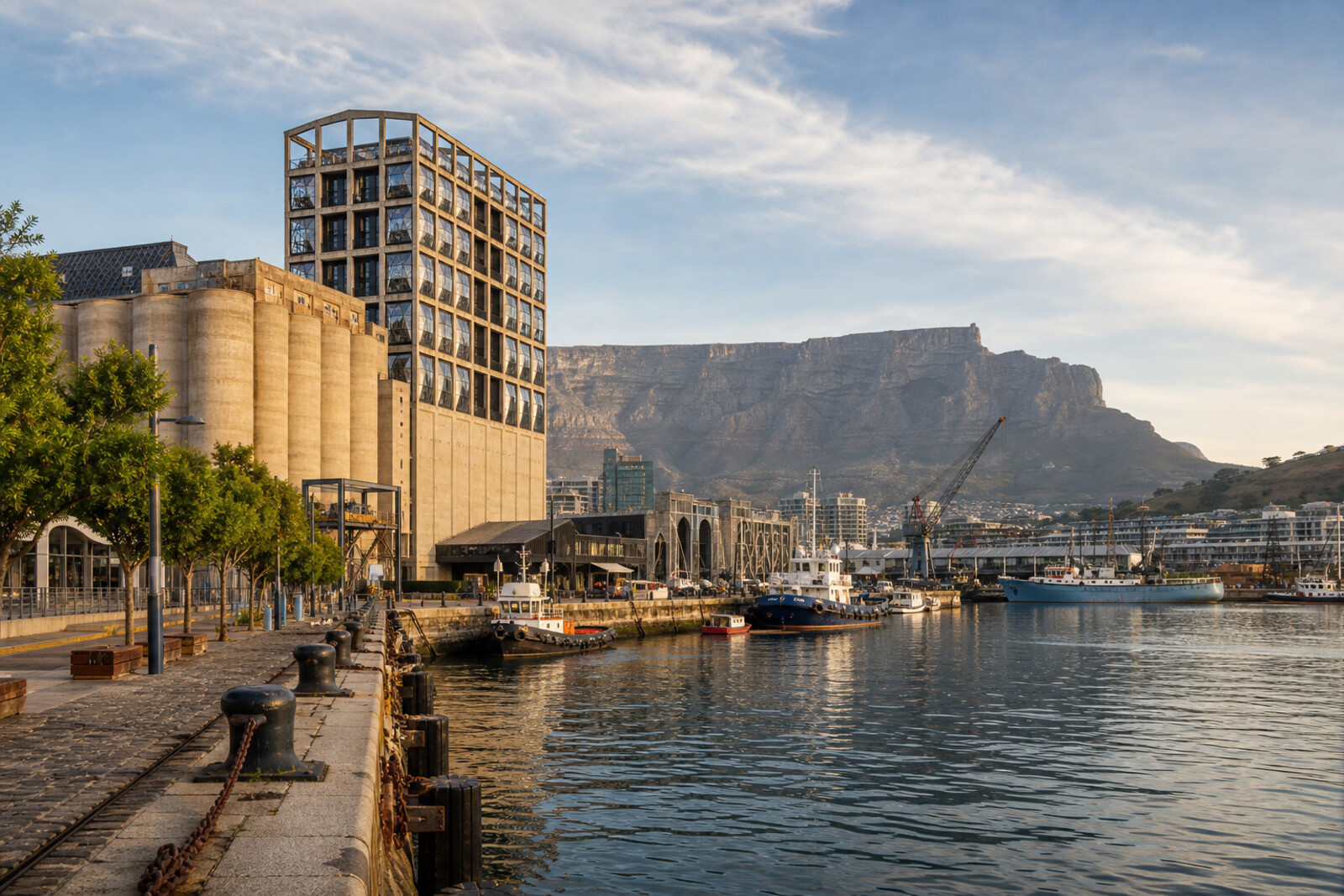 Generated cover: V&A Waterfront harbor, the Clock Tower, and the Silo District in Cape Town's evening light.