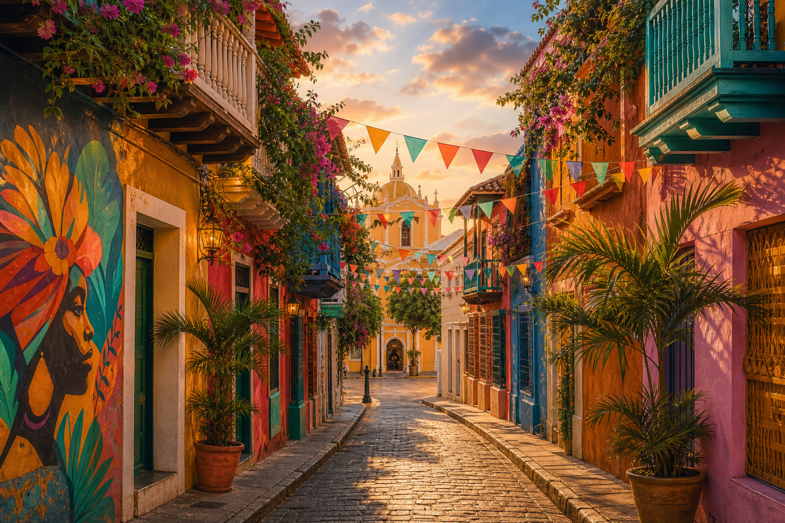 Illustration of a colorful Getsemaní street with pastel houses, murals, and warm light