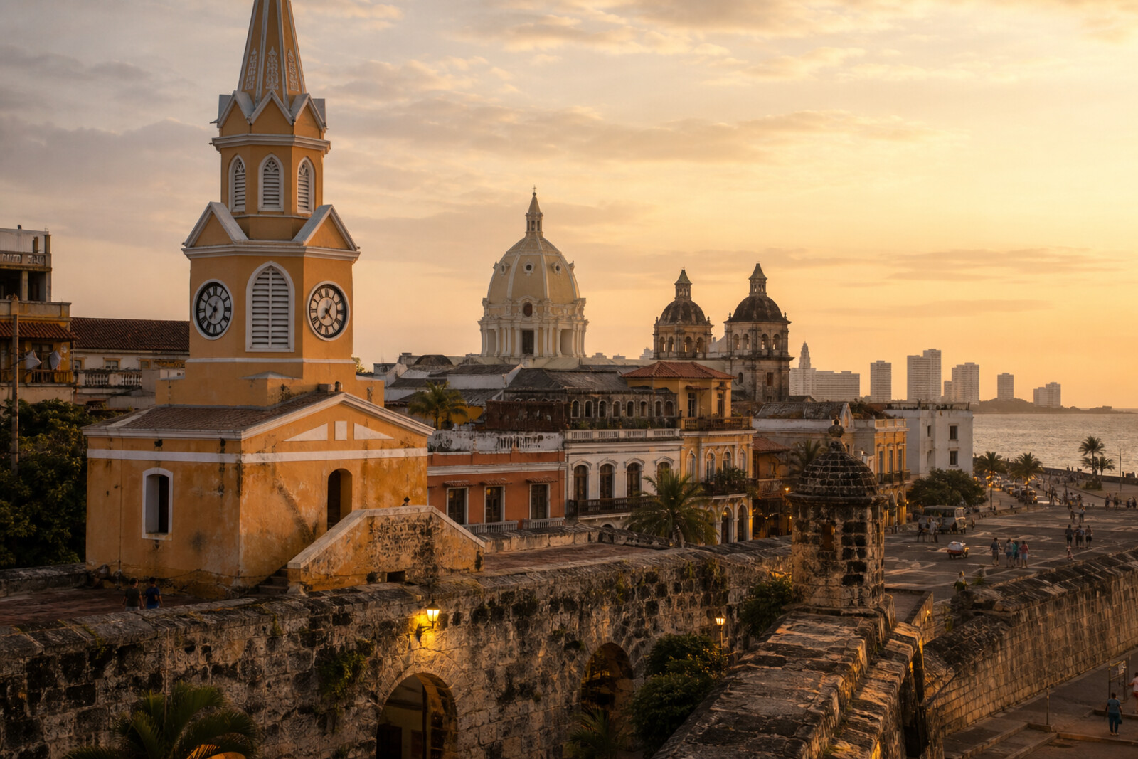 Cartagena in golden light: the clock above the gate, colonial facades, and a sea bastion forming one port fortress.