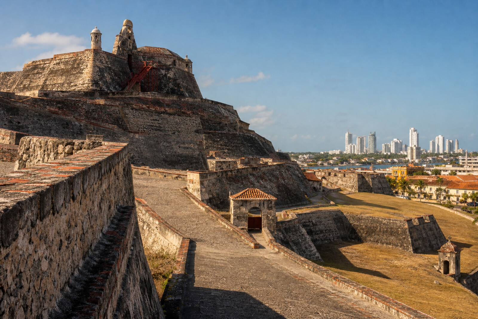 Illustration of San Felipe de Barajas at dawn, with its stone walls and bastions lit by warm light