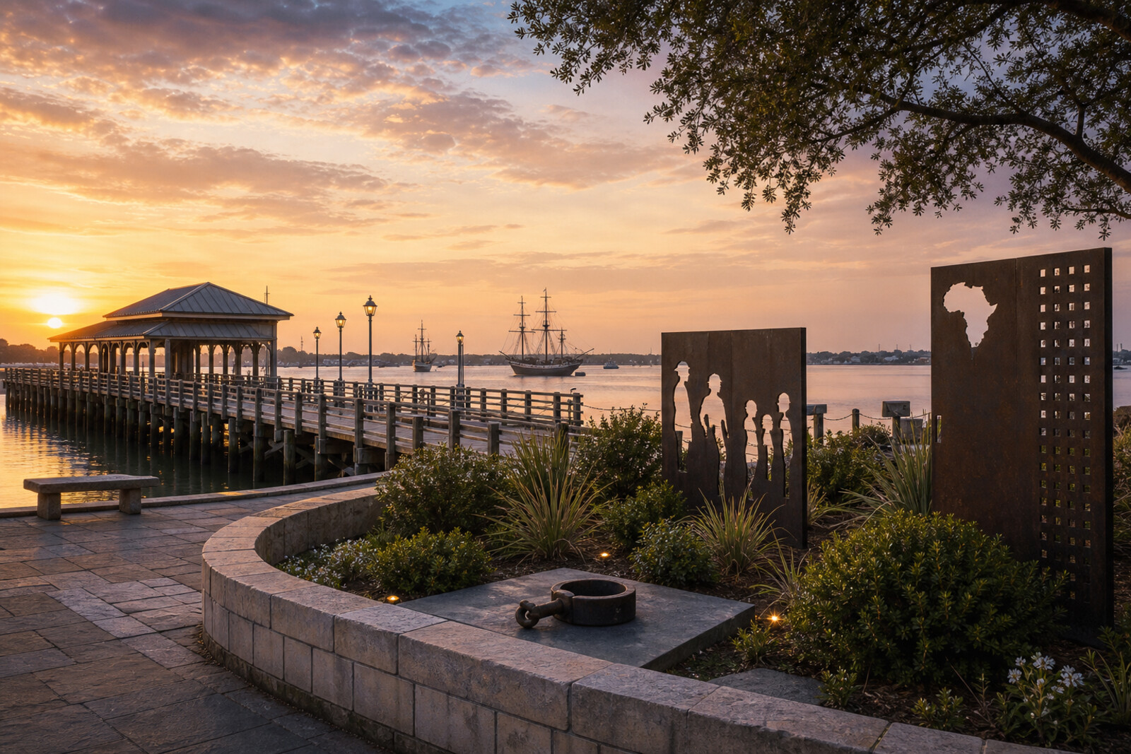 Generated cover: Gadsden's Wharf, the museum, water, and Charleston streets as a route through Black memory.