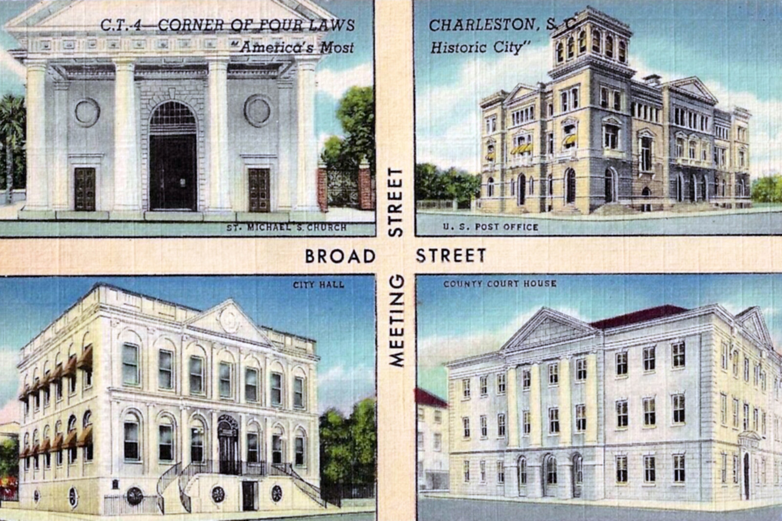 Historic view of Four Corners of Law at Broad and Meeting Streets.