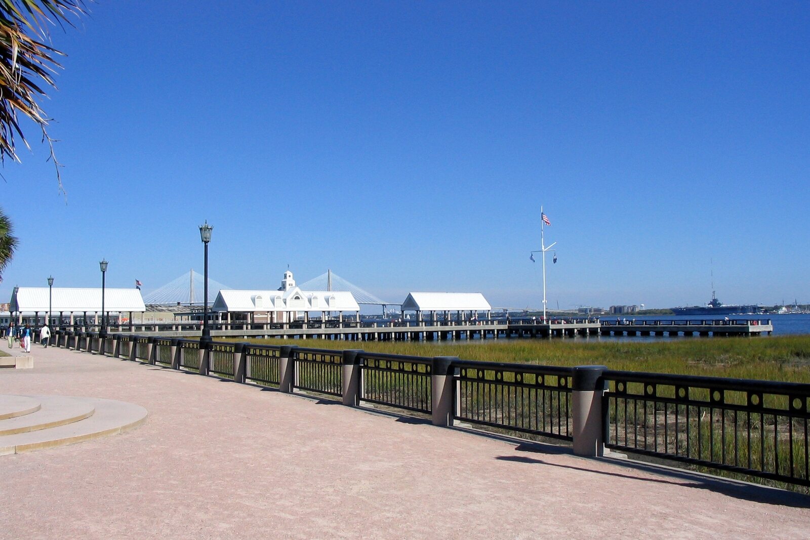 A pier and the open line of the waterfront park above Charleston's water.