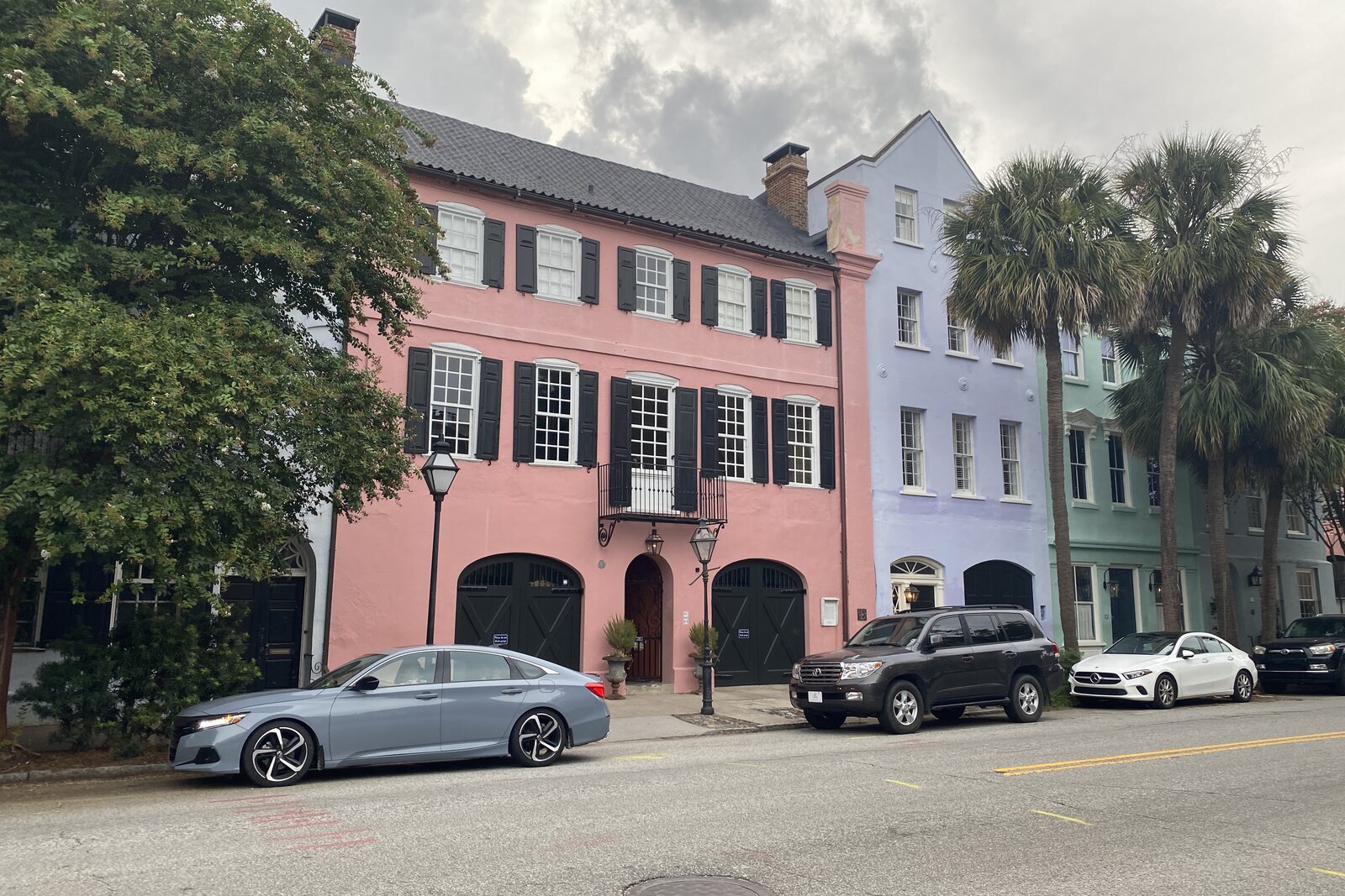 Pastel facades of Rainbow Row on East Bay Street.
