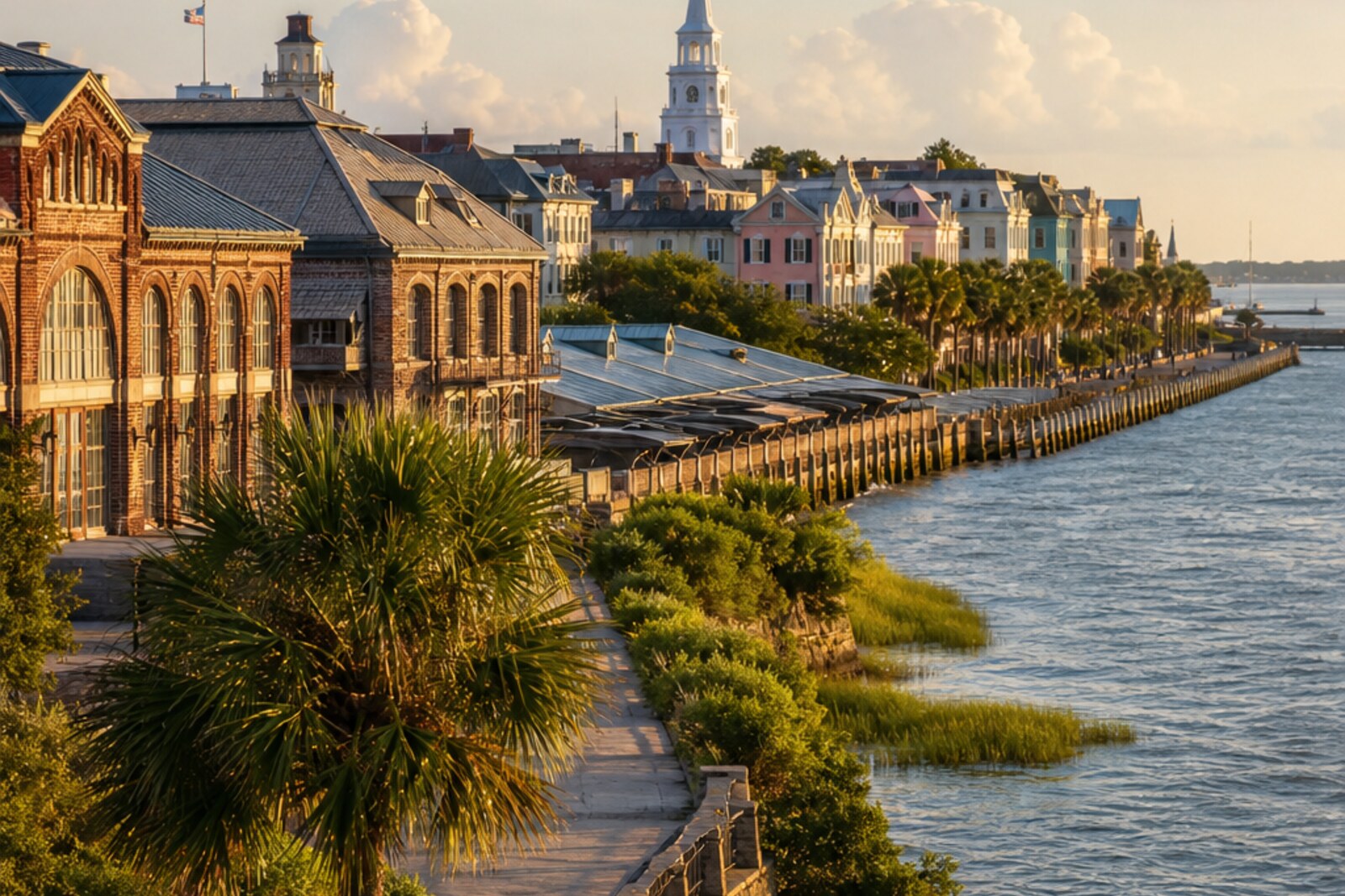 Cover: the market axis, harbor, pastel facades, and the line of The Battery in Charleston.