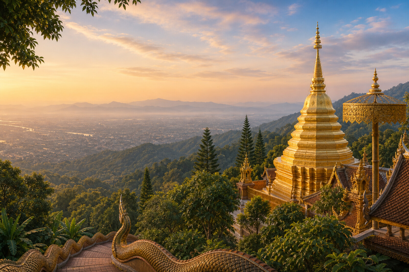 Panoramic view from Doi Suthep: a golden chedi rises above green forest, with Chiang Mai spread out in the distance