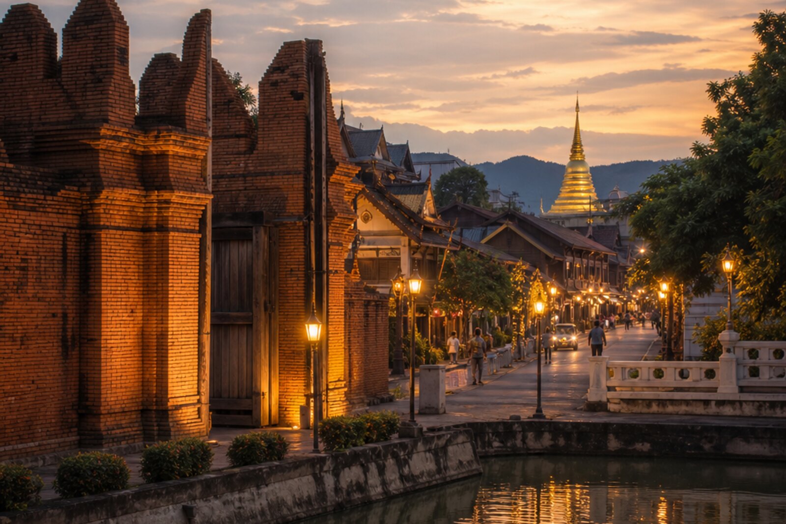 Generated editorial route cover for “Old City: Lan Na Inside the Moat”: Tha Phae Gate, the moat, and the temple silhouettes of old Chiang Mai in evening light.