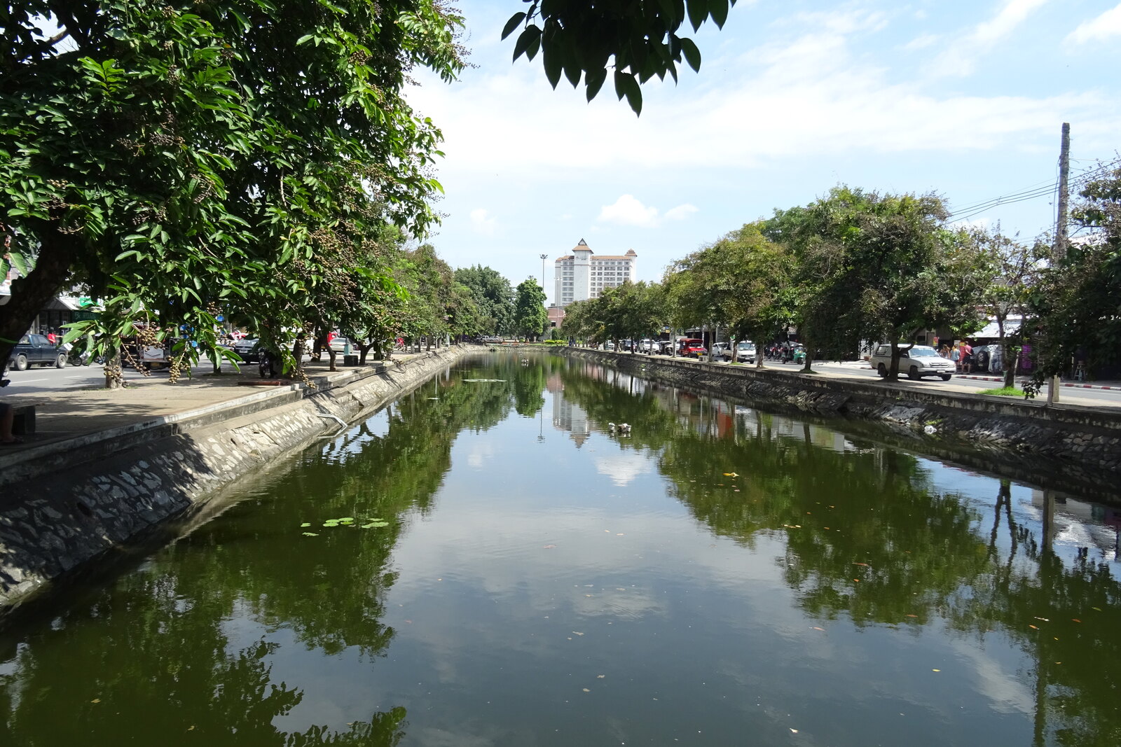 The eastern moat of old Chiang Mai, with water, trees, and a road running along the wall.