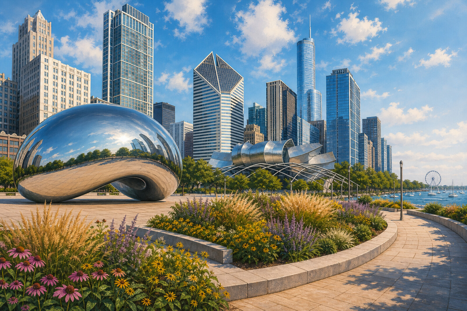 Generated cover: Millennium Park, Grant Park, Cloud Gate (“The Bean”), Museum Campus, and the open shoreline of Lake Michigan.
