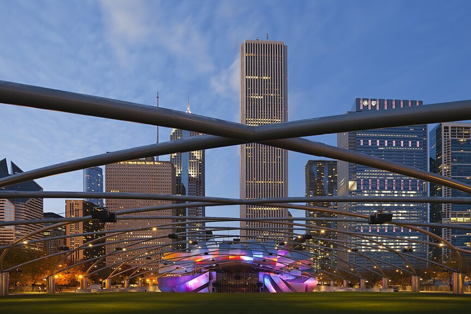 Jay Pritzker Pavilion and the Great Lawn in Millennium Park.