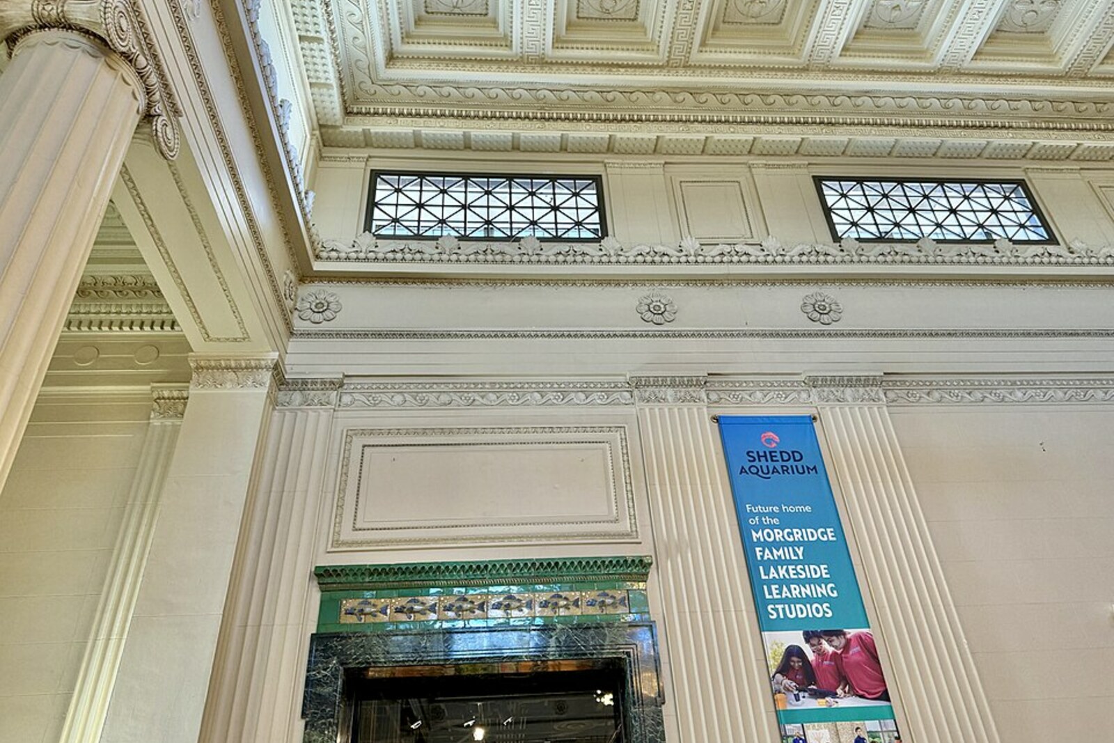 Historic interior and marine architecture of Shedd Aquarium.