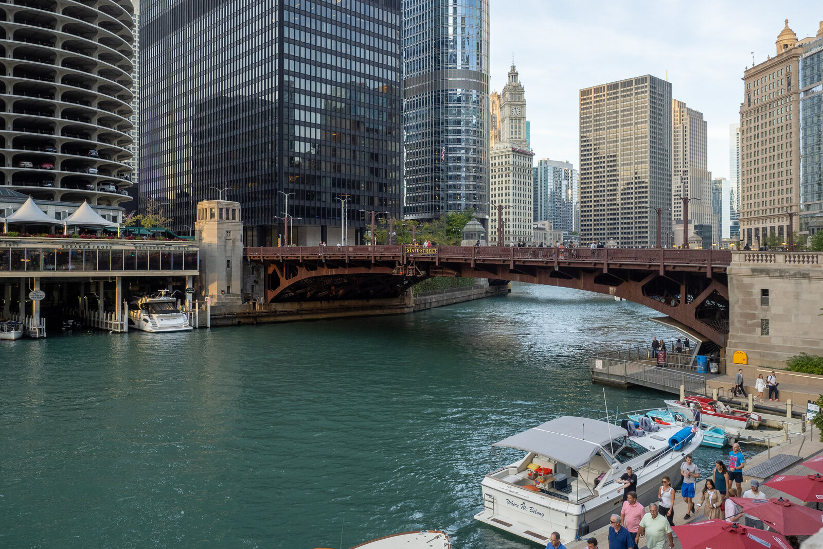 DuSable Bridge over the Chicago River, with bridge houses and the city skyline.