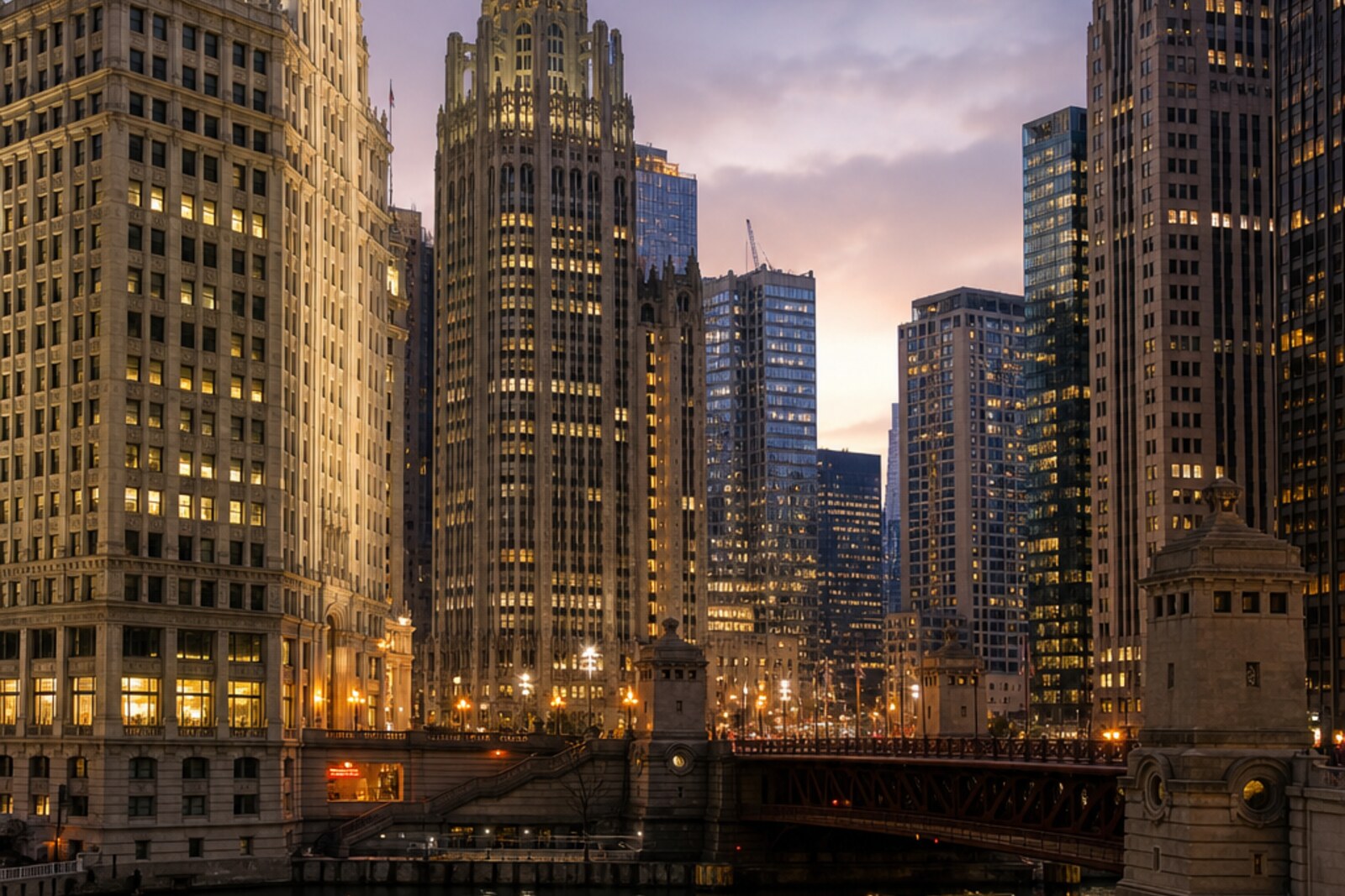 Generated cover image: the Chicago River, DuSable Bridge (formerly Michigan Avenue Bridge), Wrigley Building, Tribune Tower, and the vertical Loop in twilight.