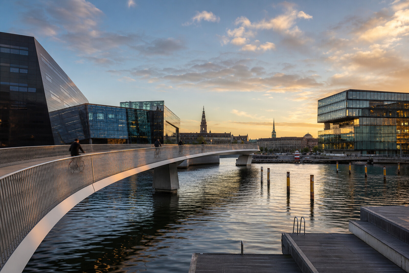 Generated editorial cover image for a route about Copenhagen's modern harbour and bridges