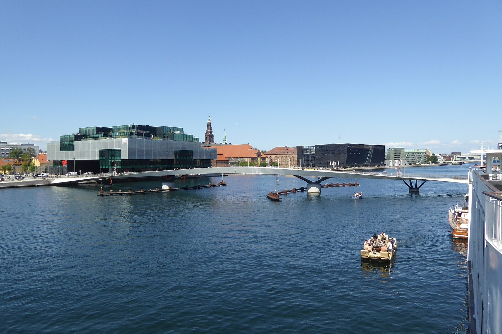 The white curved pedestrian and bicycle bridge Lille Langebro spanning the harbour