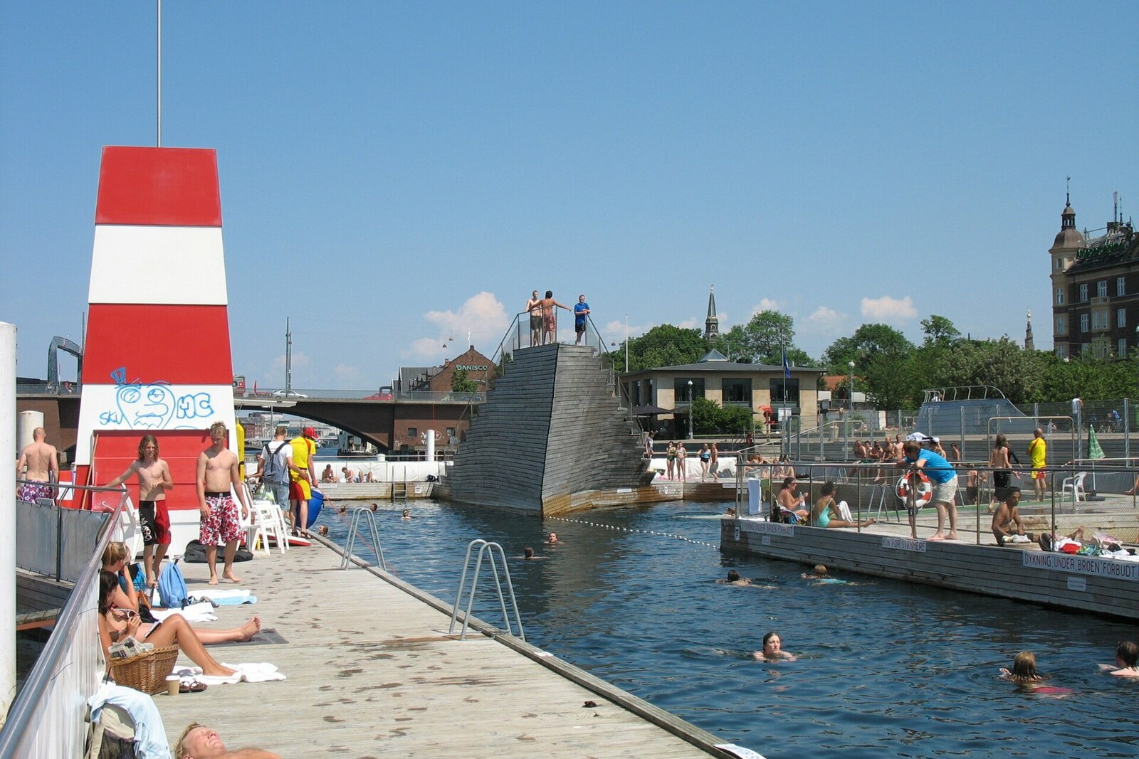 Wooden harbour bath with pools and diving towers against the backdrop of Copenhagen Harbour
