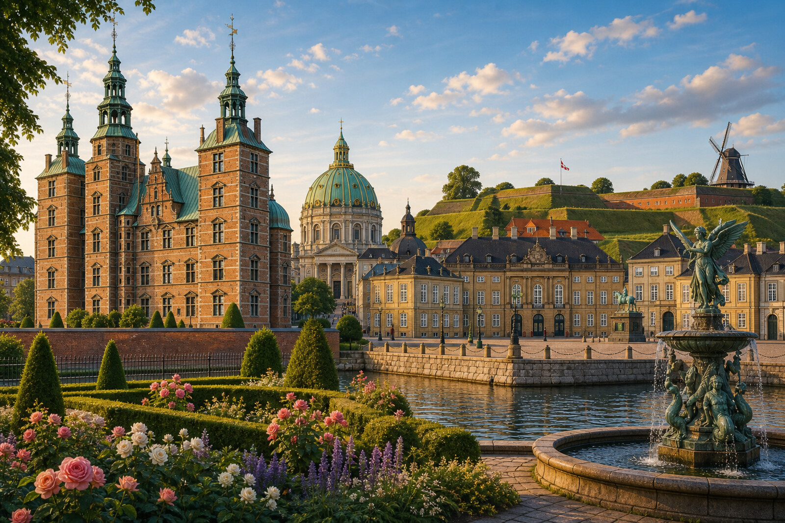 Cover for a route through the royal north: a castle, the dome of Frederik's Church, the bastions of Kastellet, and a fountain on the waterfront.