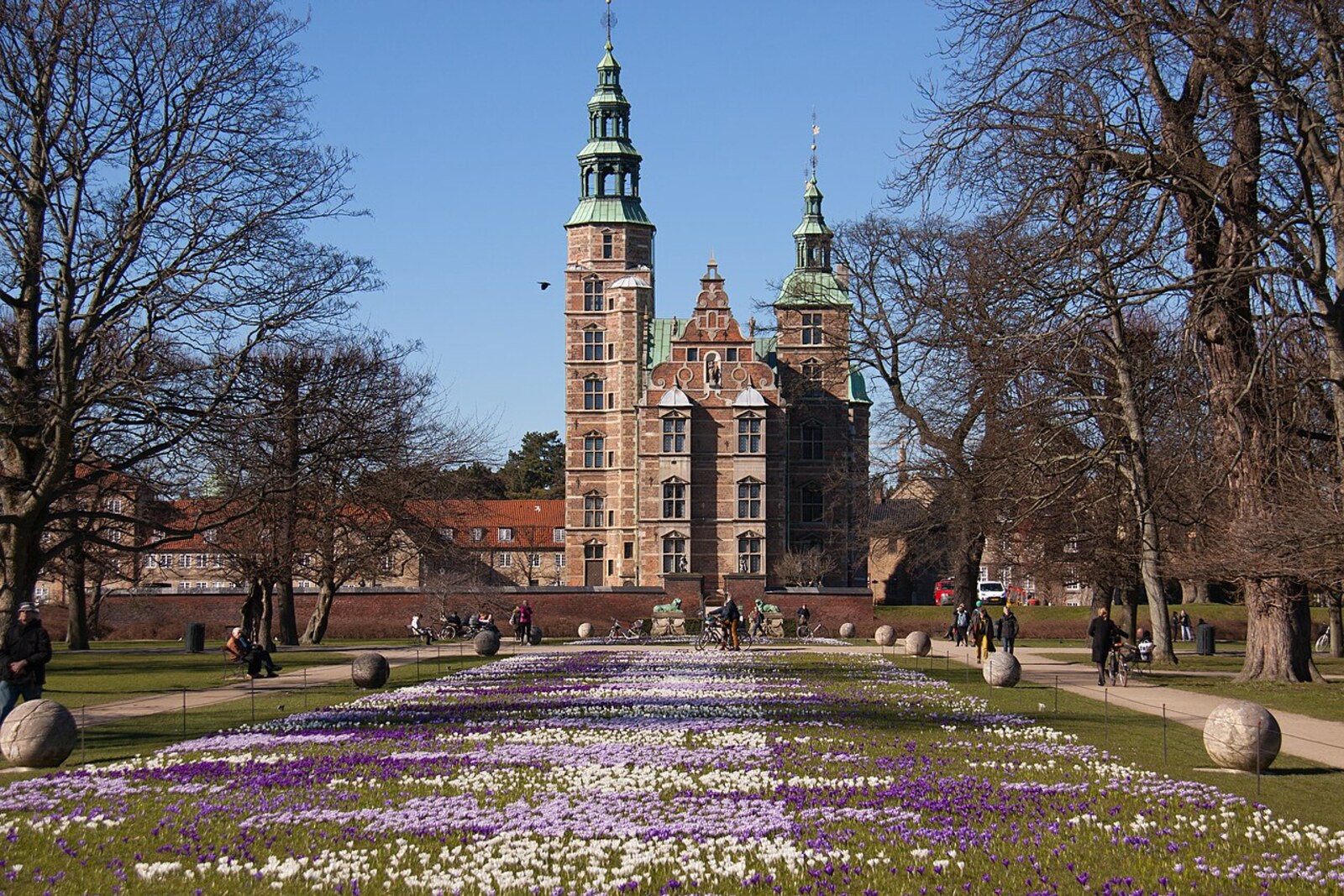 View of Rosenborg Castle with green roofs and crenellated towers