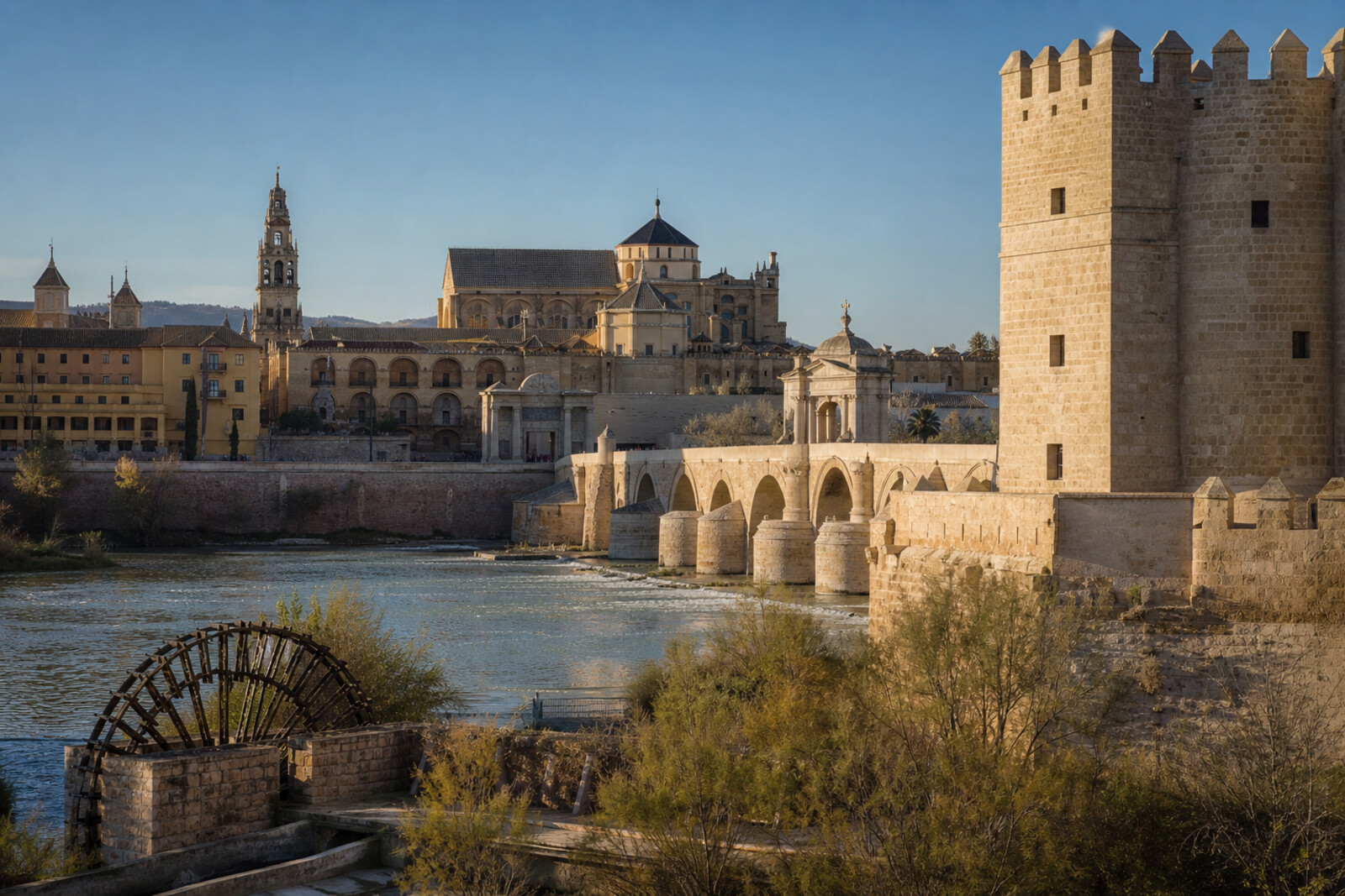 Stylized view along the Roman Bridge toward the Mosque-Cathedral of Córdoba, with Calahorra Tower and the Albolafia wheel by the Guadalquivir.