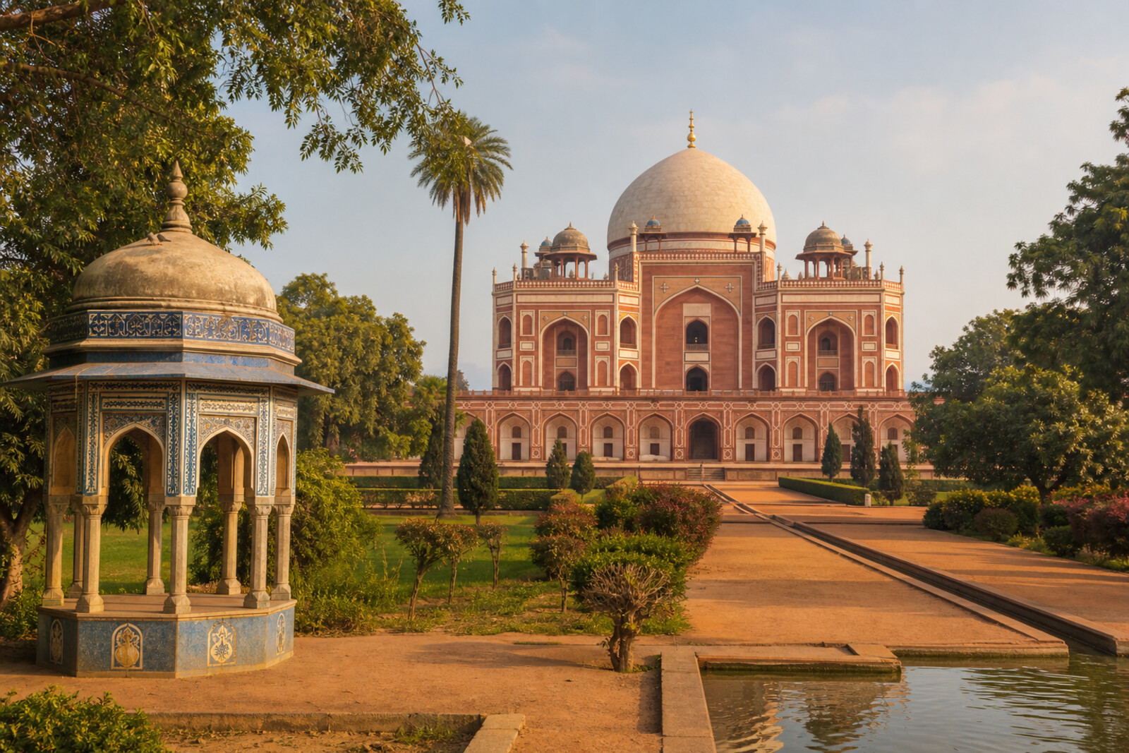 Route illustration: Humayun's Tomb in red and white, a turquoise dome, and green gardens with channels and fountains, representing Nizamuddin and Sunder Nursery.