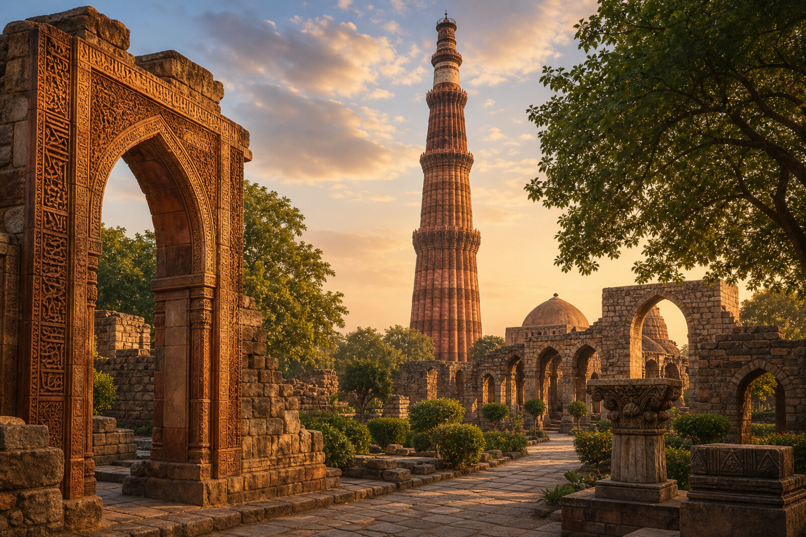 The tall Qutb Minar beneath a golden sky, amid greenery and ruins.
