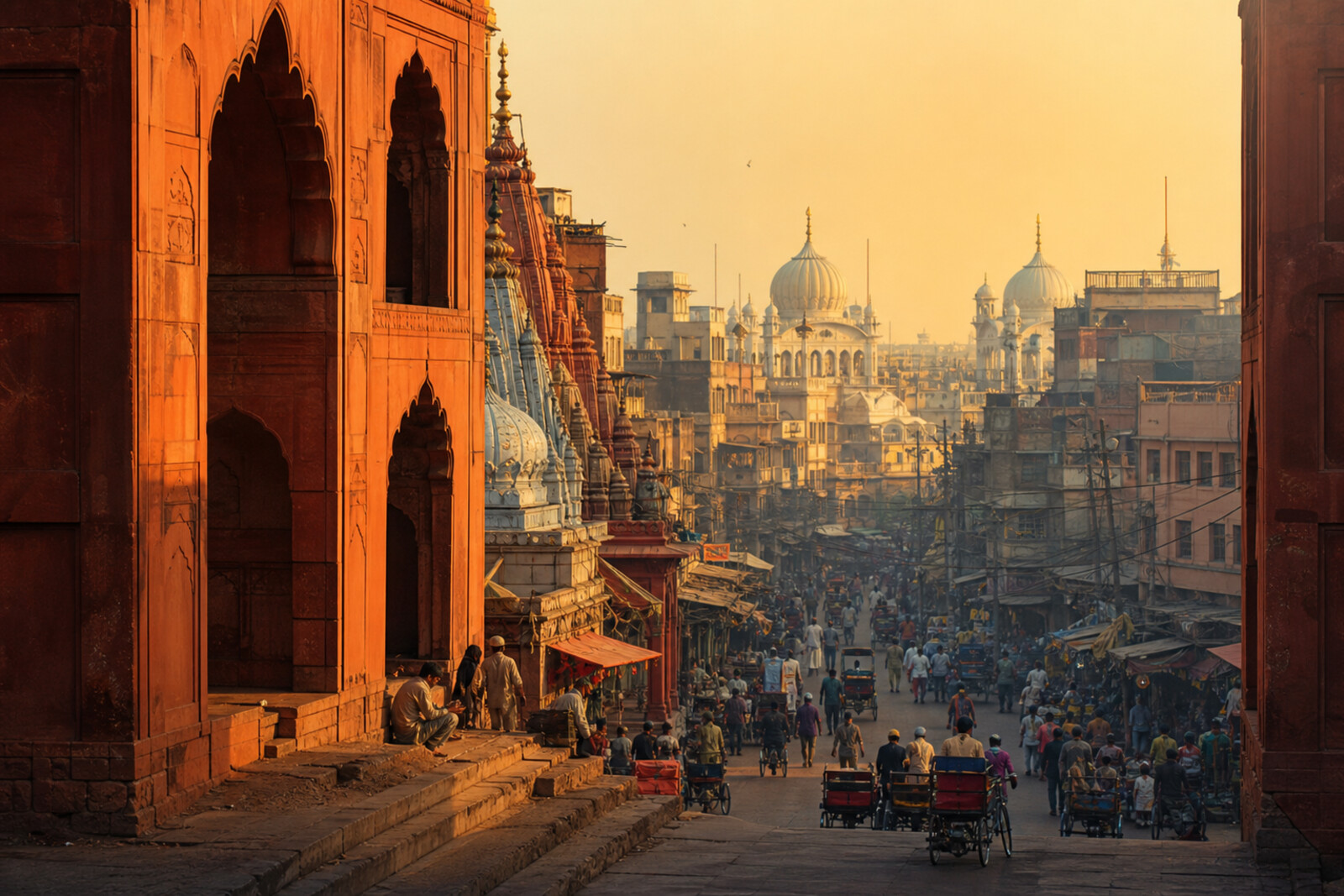 Dawn view of Lahori Gate at Red Fort and the eastern axis of Old Delhi.