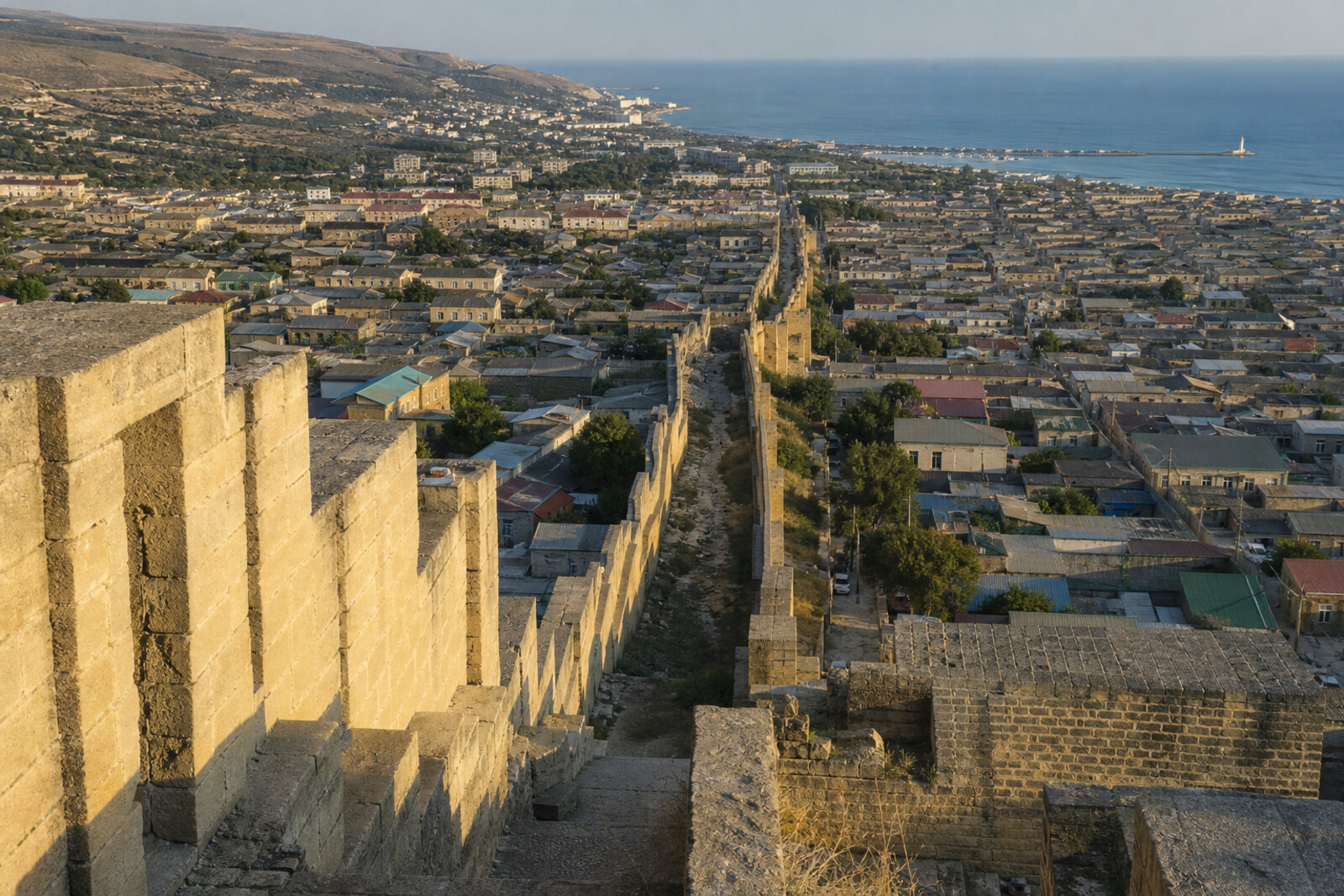 Naryn-Kala above a narrow urban corridor descending between the Caucasus and the Caspian Sea toward the water