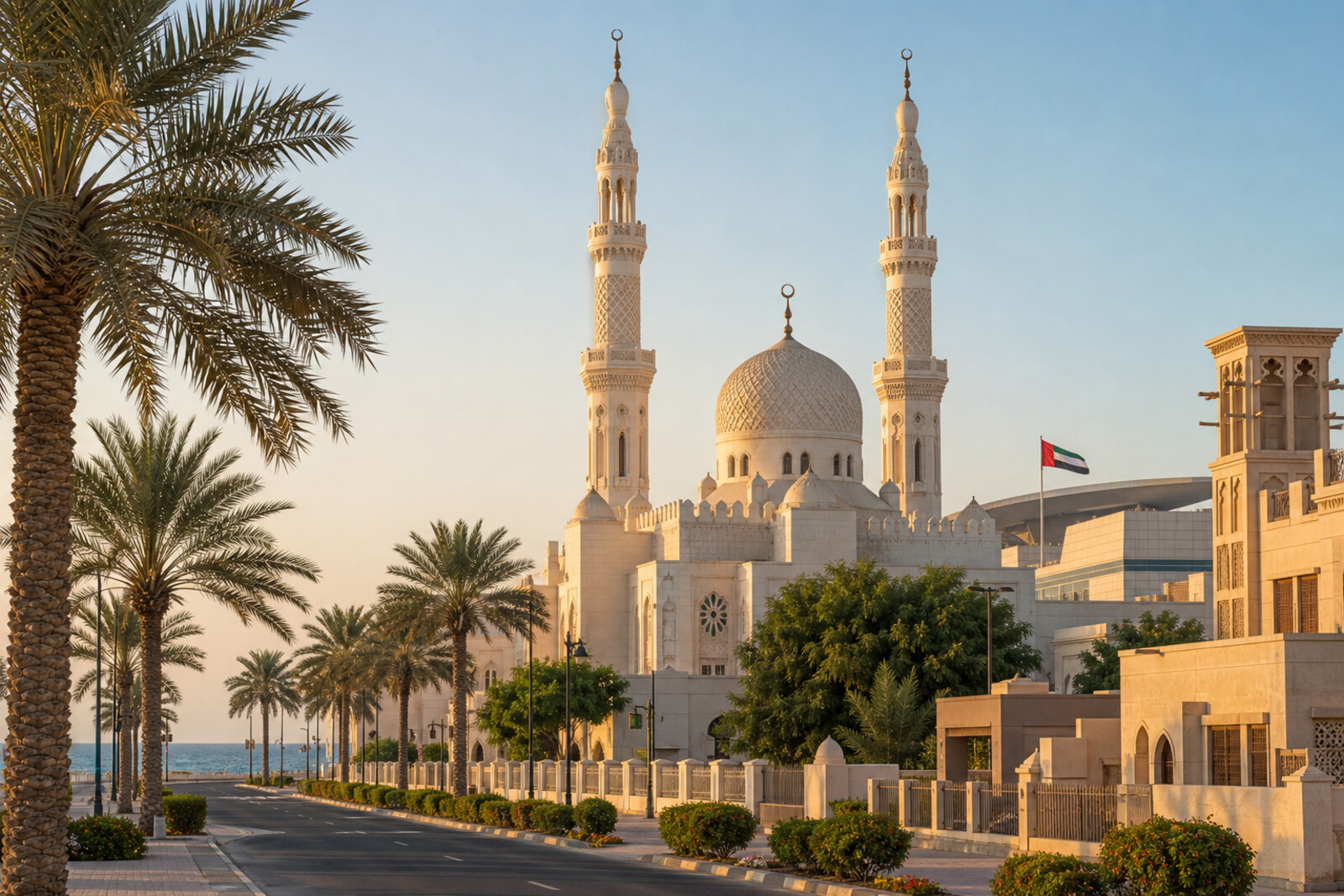 Stylized illustration of Jumeirah Mosque, a modern museum with a flag, and a palm-lined street leading to the beach