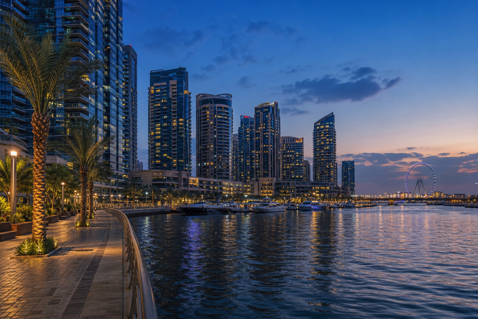 A twilight view of the Dubai Marina and Jumeirah Beach Residence waterfronts, with tall towers, palms, and the silhouette of Ain Dubai reflected in the water.