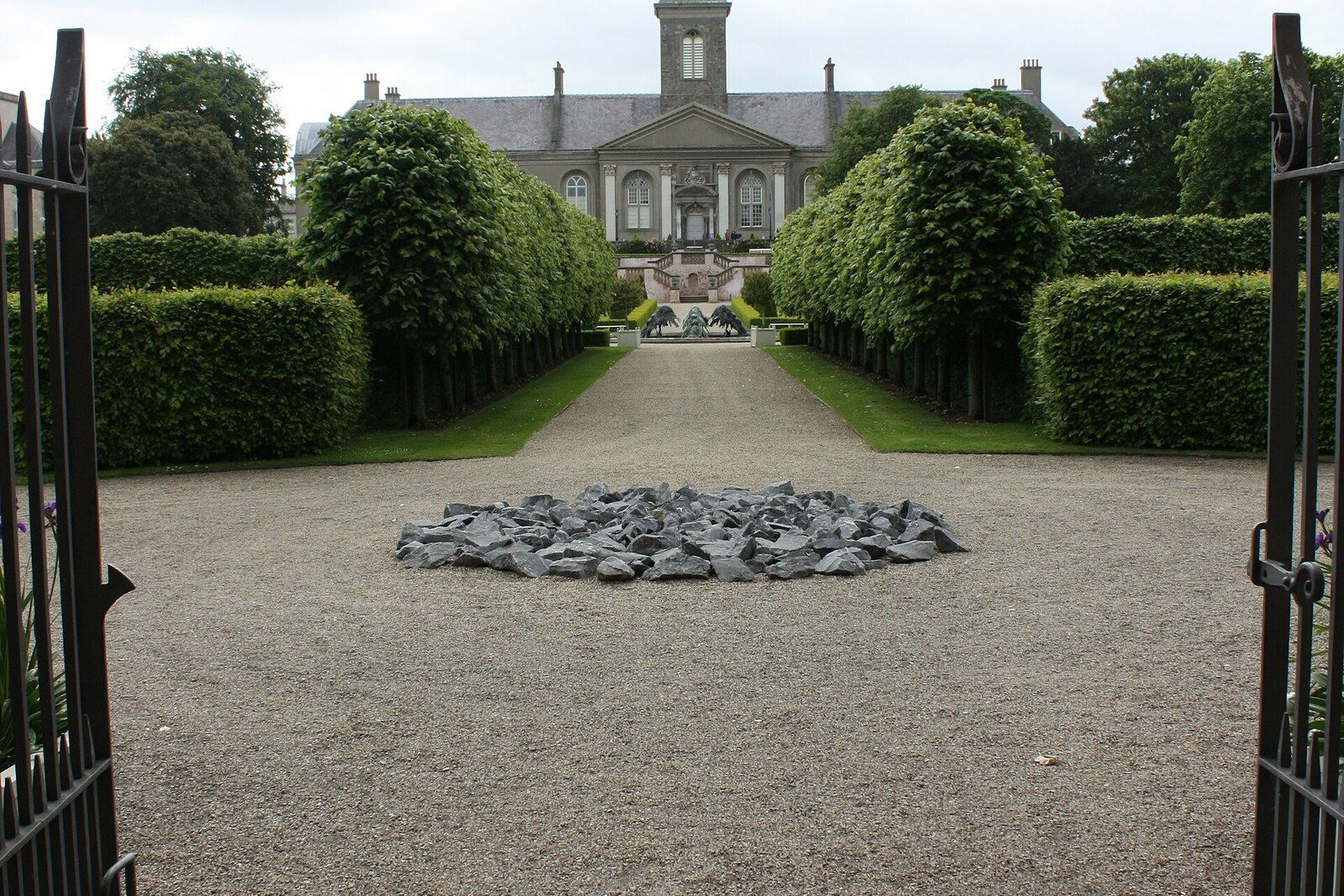 The formal gardens of the Royal Hospital Kilmainham, with a view of the IMMA building.