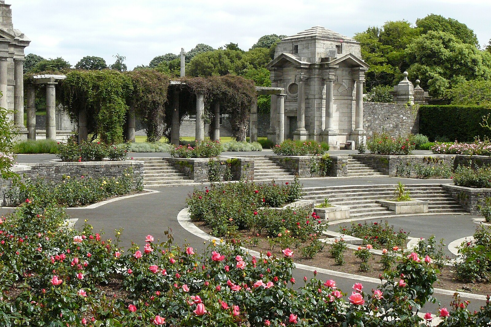 View of the sunken rose garden and one of the granite book rooms at the Irish National War Memorial Gardens.