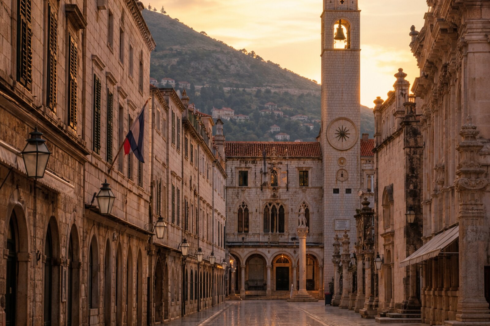 Generated editorial cover for the route “Inside the Walls: Dubrovnik as a Republic”: Stradun leading toward Luža Square in warm evening light.