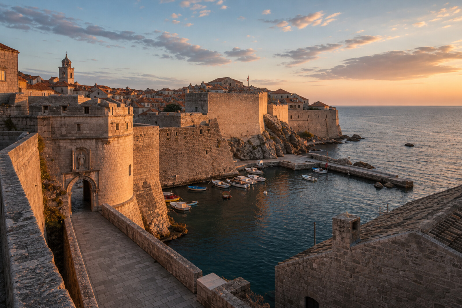 Illustration of Dubrovnik's eastern walls and Old Harbour at dawn, with a gate, fortress, and boats in sunlit tones.