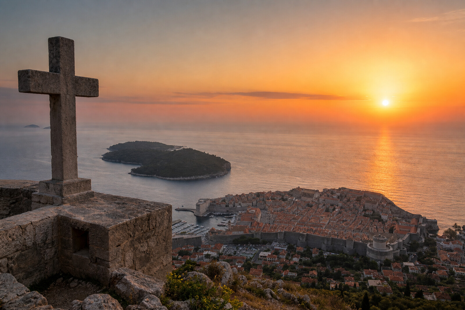 Artistic depiction of Dubrovnik from Mount Srđ, with the Stone Cross on Mount Srđ and Fort Imperial at sunset
