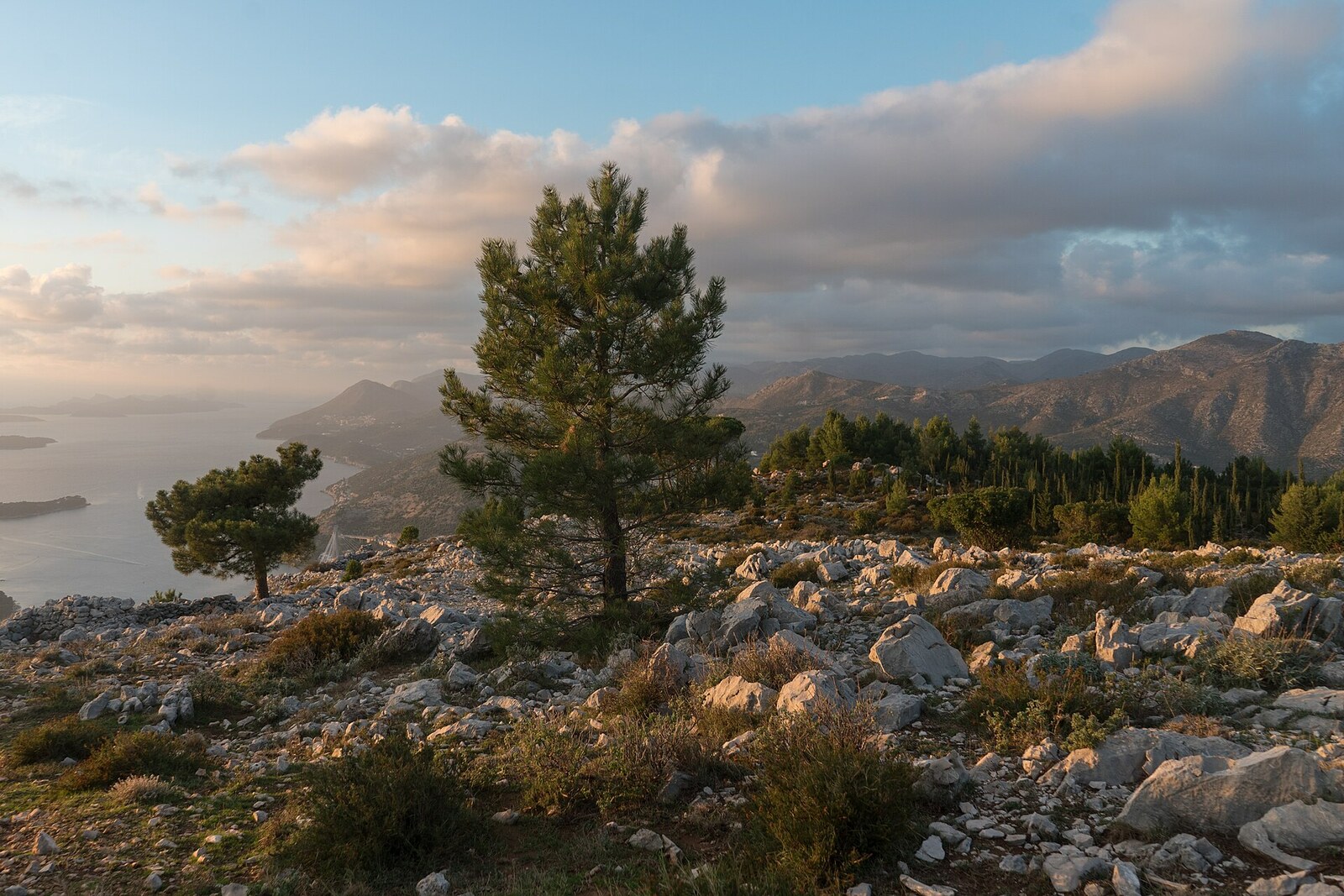 View from the Mount Srđ ridge toward the Dubrovnik coast and the Elaphiti Islands.