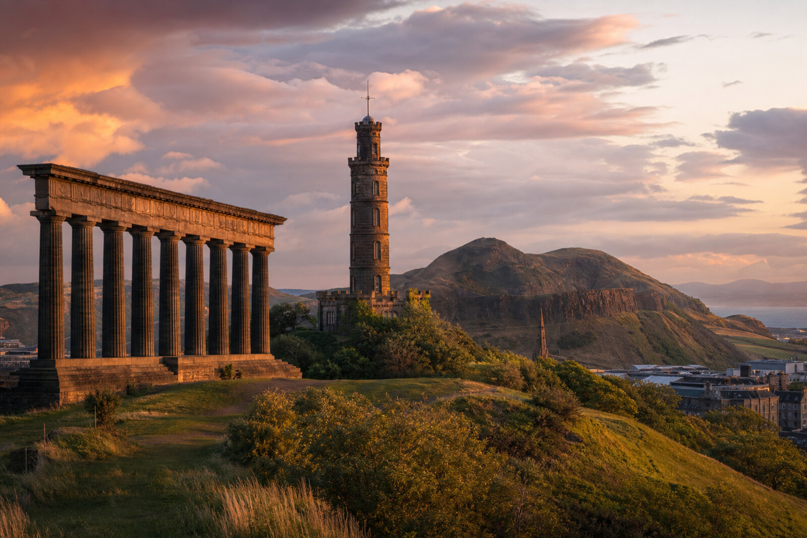 Illustration: a view of Calton Hill with neoclassical monuments and the silhouette of Holyrood Park against a sunset sky