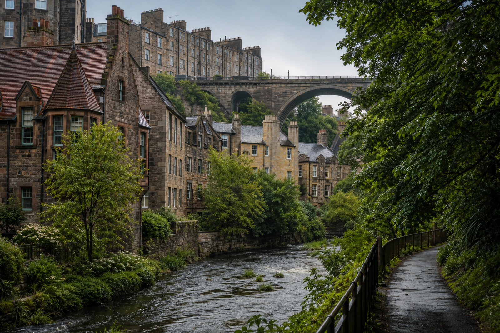 View of Dean Village and the Water of Leith: bridge, river, and greenery