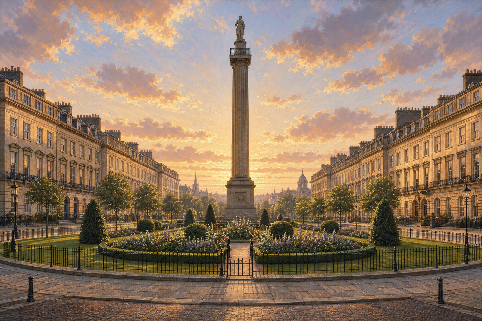 A general view of a Georgian square with symmetrical facades and a central monument in warm light.