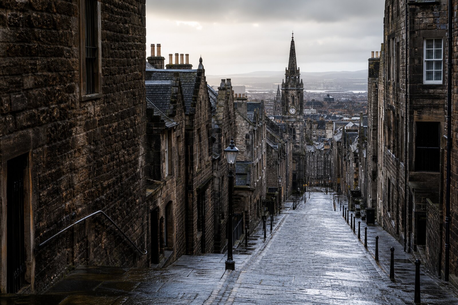 The Royal Mile after rain: the stone ridge of the Old Town, the spire of St Giles' Church, and narrow glimpses of closes.