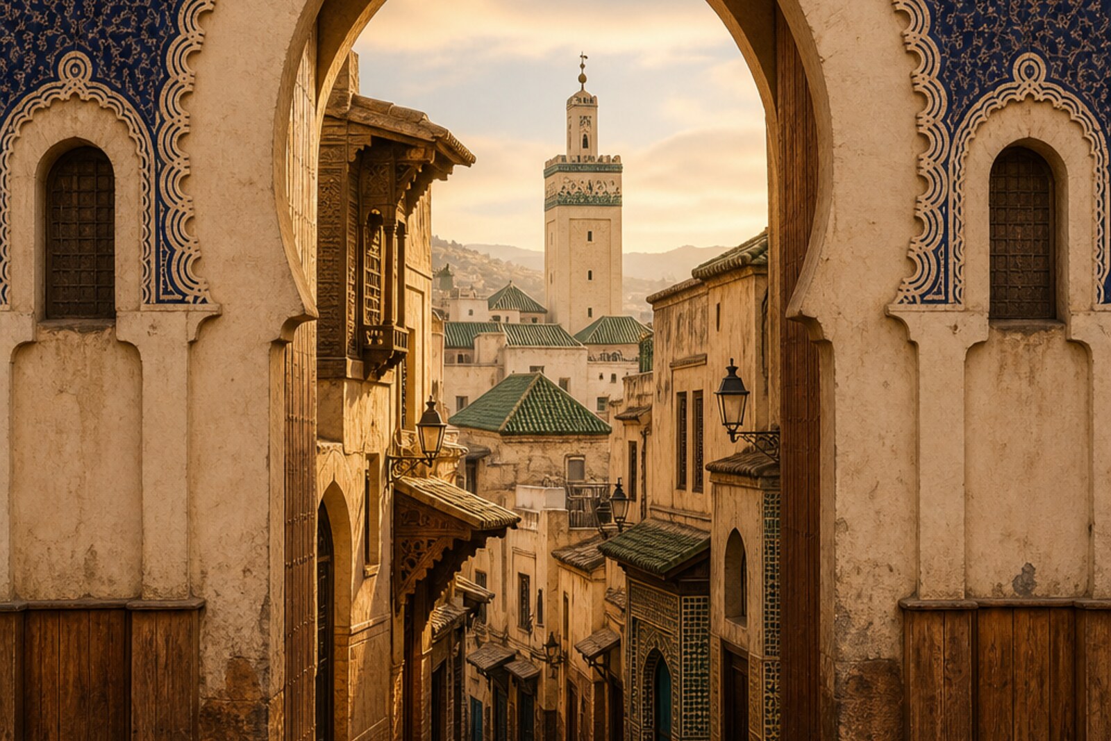 Route cover: the arch of Bab Bou Jeloud, the narrow axis of the old medina, and the distant green roofs of the al-Qarawiyyin quarter.